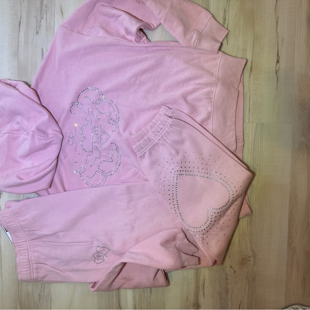 NEW VICTORIAS SECRET PINK BLING FULL ZIP HOODIE + JOGGERS RHINESTONE 2PC SET - Picture 8 of 10